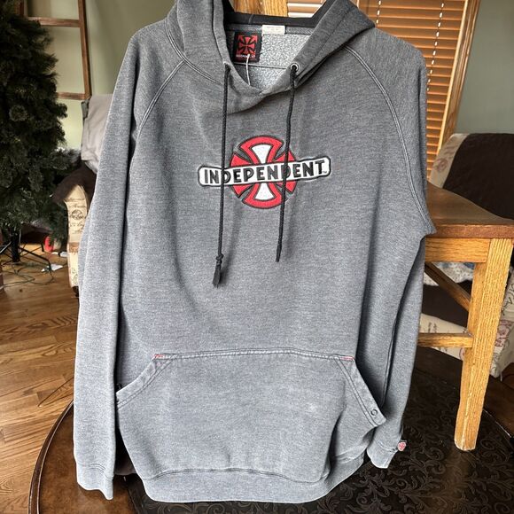VINTAGE HOODIE SWEATSHIRT INDEPENDENT TRUCK CO IRON CROSS GRAY RED MEDIUM NICE - Picture 2 of 6